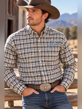 Cinch Men’s Tan, Blue & Cream Plaid Button-Down Shirt